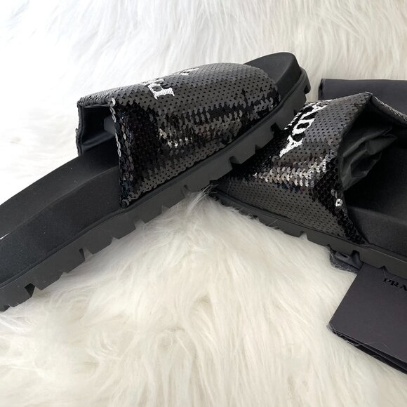 Prada Black Sequin White Logo Slide Sandal - Picture 7 of 12